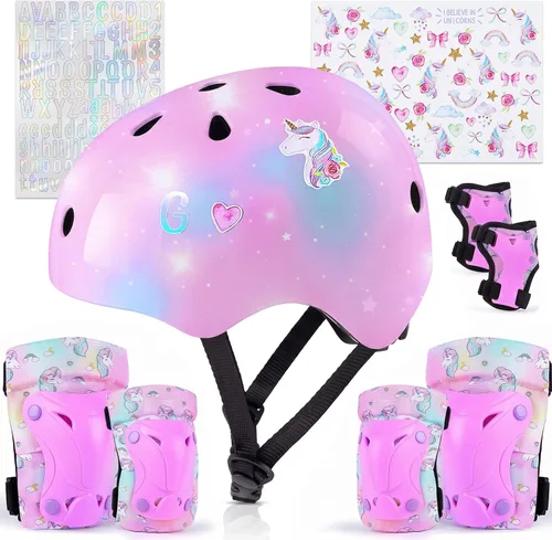 Vista 10 de Casco para niños, casco de bicicleta para niños pequeños con pegatinas DIY Unicornio, rodilleras y coderas ajustables, juego de protección para Rosa