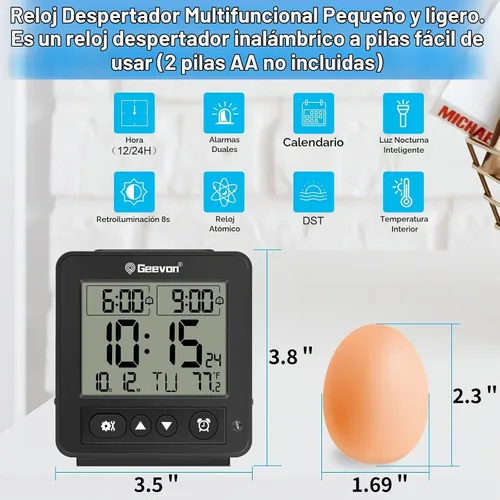 Vista 4 de Geevon Pequeño reloj despertador atómico de viaje con retroiluminación Auto/8s, 2 configuraciones de alarma, temperatura, sonidos de pitido Negro