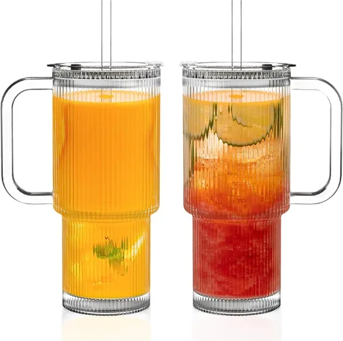 Vista 11 de KEMORELA Paquete de 2 vasos de vidrio acanalado de 26 onzas con asa y tapa, grandes tazas de café helado estéticas con pajitas, tazas de vidrio