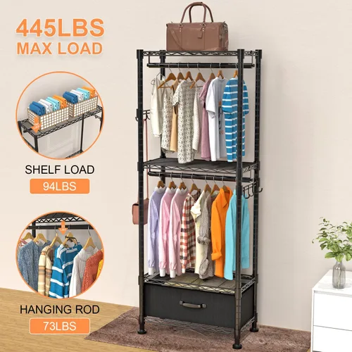 Vista 3 de VyGrow Perchero de Ropa, Perchero de Ropa para Colgar Ropa, Sistema Organizador de Armario Ajustable de 4 Niveles con Cajón Varillas Dobles