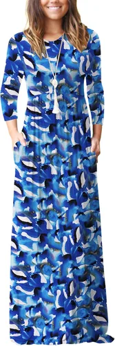 Vista 23 de GRECERELLE Vestido largo de manga larga para mujer, casual, cuello redondo, holgado, sólido floral, maxi largo con bolsillos, S-3XL A-Negro