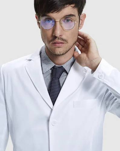 Vista 3 de Dr. James Abrigo de laboratorio de primera calidad con estilo de consulta para hombre, múltiples bolsillos, ajuste a medida, cierre de botón, 36