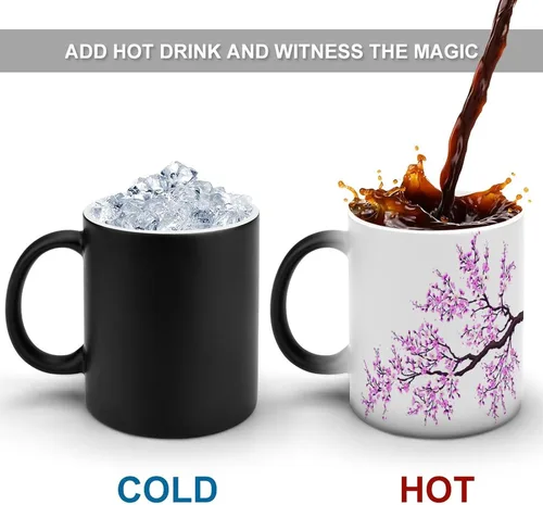 Vista 4 de Sakura Tree Cherry Blossoms Magic - Taza de café sensible al calor, taza de cerámica que cambia de color, regalo divertido
