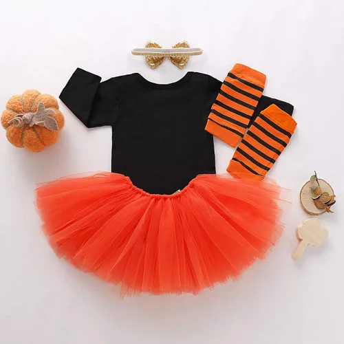 Vista 7 de Disfraz de Acción de Gracias para bebé niña, disfraz de calabaza para Halloween, falda tutú, calentador de piernas estriado + diadema