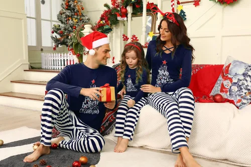Vista 3 de iClosam Juego de pijamas familiares a juego, pijamas a rayas navideño, pijamas para papá, mamá, pijamas