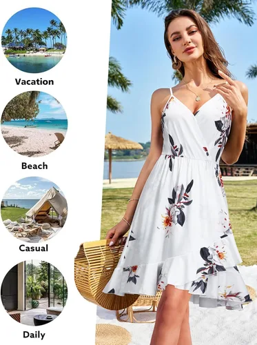 Vista 4 de ULTRANICE - Vestidos de verano para mujer, con estampado floral, cuello en V, dobladillo con volantes, tirantes delgados, estilo casual