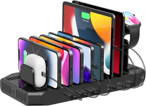 Vista 10 de Unitek Estación de carga múltiple, cargador USB de 10 puertos para múltiples dispositivos con tecnología SmartIC y divisores ajustables, soporte