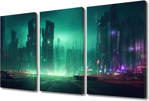 Vista 34 de Arte de pared de 3 piezas de escena de ciencia ficción de la calle comercial futurista paisaje urbano, decoración de pared para dormitorio