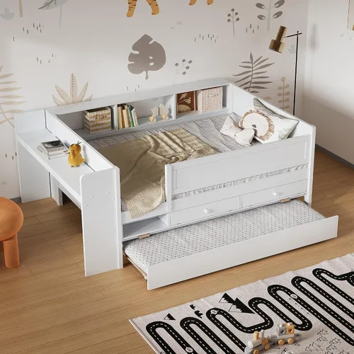 Vista 25 de VilroCaz Cama de sofá de tamaño individual de madera con estantes de almacenamiento y escritorio de estudio, estructura de cama de día Blanco