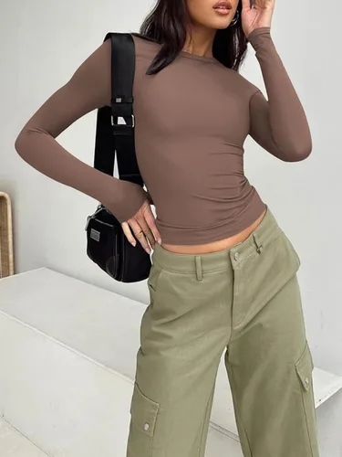 Vista 2 de Trendy Queen Camisetas de manga larga para mujer, a la moda, para otoño, 2023, básicas, para entrenamiento, ajustadas, Y2K