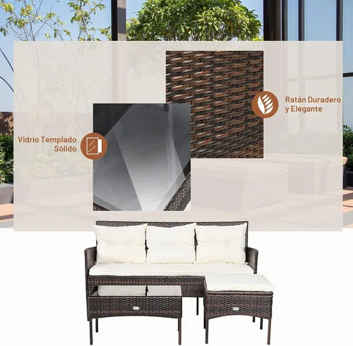 Vista 4 de RELAX4LIFE Juego seccional de muebles de patio de 3 piezas, conversación de mimbre de ratán con 5 cómodos cojines de asiento y respaldo, mesa
