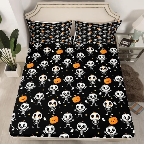 Vista 3 de Juego de sábanas de microfibra suave con diseño de calavera de Halloween, diseño de esqueleto gótico, fantasma, sábana bajera ajustable rústica