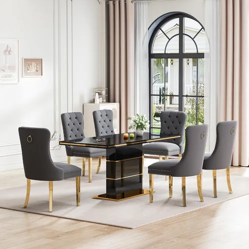 Vista 10 de Mesa de comedor moderna negra para 6 personas, mesa de cocina rectangular de 63 pulgadas con acabado lacado dorado y base de pedestal de acero