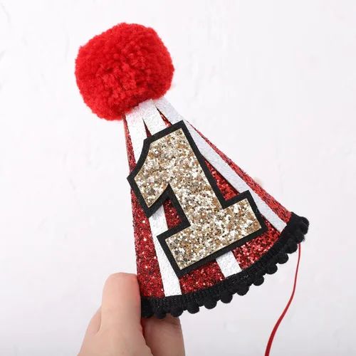 Vista 7 de YOUAME Sombrero de fiesta de primer cumpleaños de circo, traje de corona roja con purpurina para niños y niñas, divertida decoración de fiesta