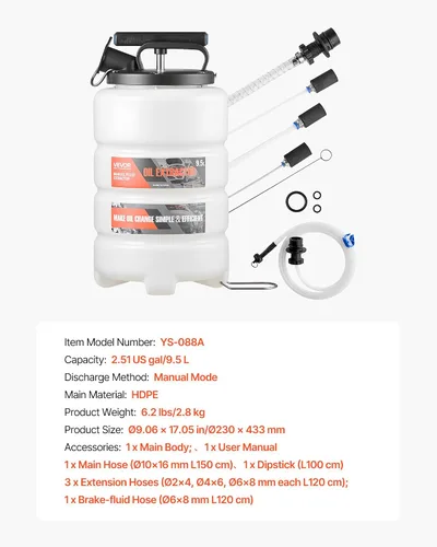 Vista 7 de VEVOR Extractor de fluidos, capacidad de 9.5 L, bomba extractor de aceite manual al vacío con caballo largo de 59 pulgadas y tres tubos de extensión