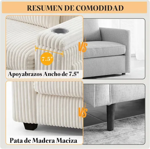 Vista 5 de Sofá biplaza moderno de 91 pulgadas con almacenamiento para sala de estar, sofá de 2 plazas de pana con reposabrazos de almacenamiento, bolsillos