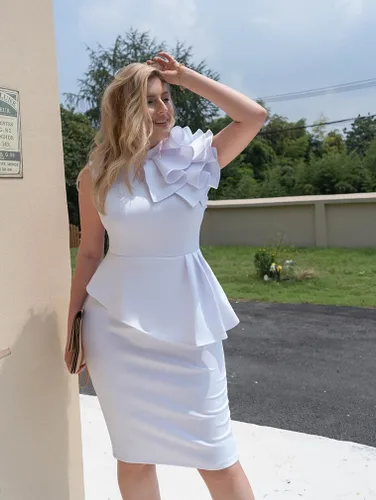 Vista 2 de LAGSHIAN Vestido de cóctel elegante para mujer, sin mangas, cuello alto falso, con volantes, formal, por debajo de la rodilla