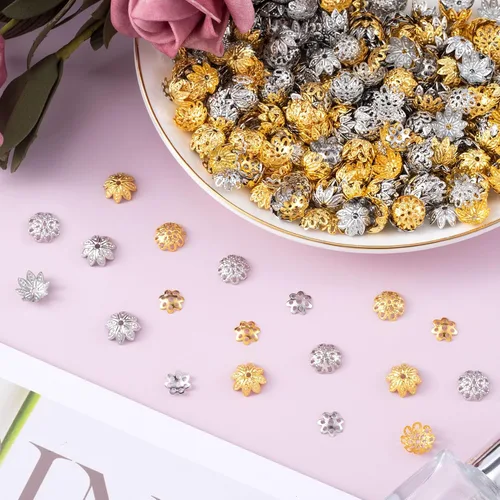 Vista 7 de HINZIC 600 cuentas de flores huecas de 0.315 y 0.394 pulgadas, 6 estilos de cuentas de filigrana para hacer joyas, cuentas espaciadoras doradas