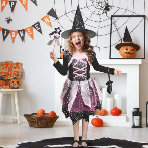 Vista 2 de Asmsdd Halloween Witch Costume for 4-7 Years Girls Cute Witch Cosplay Dress Set for Halloween Kids Dress-Up Party