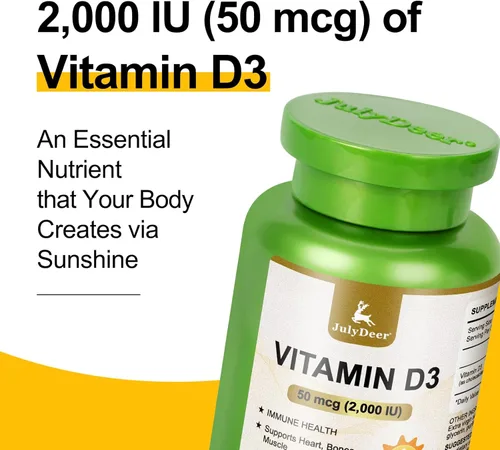 Vista 3 de JulyDeer Vitamina D3 2000 UI (50 mcg) 180 cápsulas blandas Apoya la salud inmunológica, la absorción de calcio y la fuerza ósea Esencial