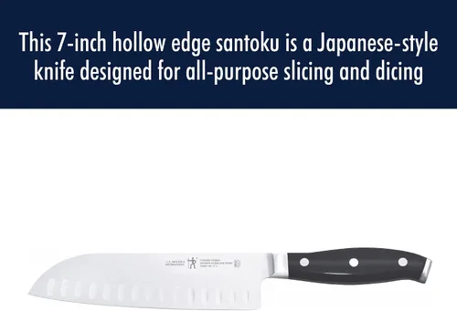 Vista 3 de Henckels Cuchillo Santoku Forjado Premio de Borde Hueco, 7 pulgadas, Negro/Acero Inoxidable