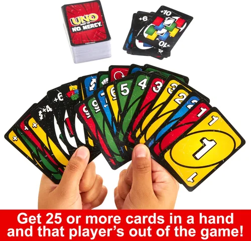 Vista 5 de Mattel Games UNO Show 'em No Mercy - Juego de cartas en lata de almacenamiento y viaje para niños, adultos y noche familiar con tarjetas