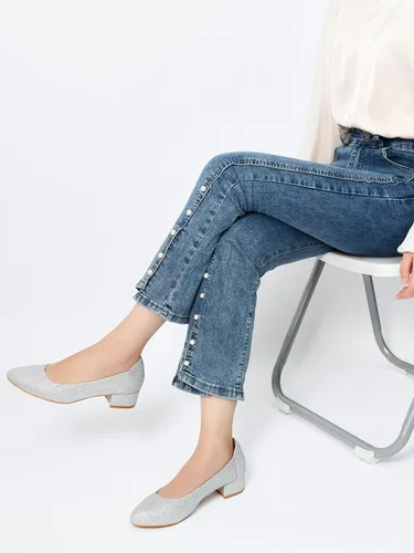 Vista 7 de Zapatos de tacón bajo para mujer, color negro, plateado y dorado, zapatos de vestir de tacón bajo, zapatos de tacón cerrado, tacones de bloque