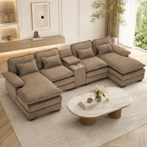 Vista 16 de Sofá modular en forma de U de 132 pulgadas, sofá modular para sala de estar, sofá moderno de pana de felpa de gran tamaño con consola central Negro