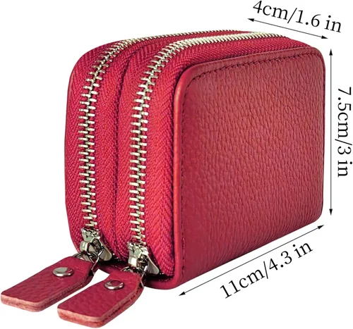 Vista 9 de Cartera de cuero para mujer, con doble tarjeta, tarjetero con cremallera, múltiples compartimentos, bloqueo RFID C-W-1, Rosado, Talla única