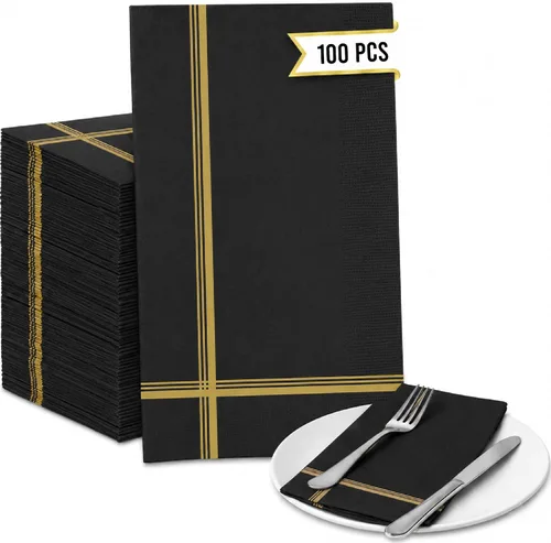 Vista 10 de Servilletas negras y doradas – Juego de 100 servilletas desechables de cóctel y postre de 5 x 5 pulgadas con borde dorado, perfectas para bodas