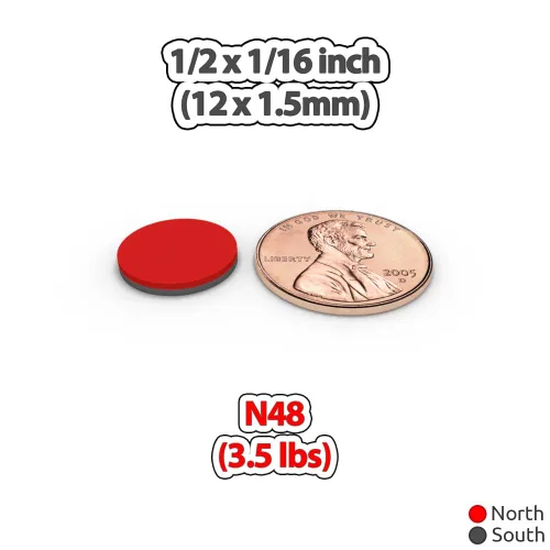 Vista 3 de Imanes de disco redondo de neodimio N48 de 1/2 x 1/16 pulgadas (0.472 x 0.059 in) – Imán de disco circular de tierras raras fuerte