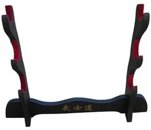 Vista 2 de HMS Soporte de mesa de madera negra de 2 niveles para exhibición de Katana y Wakizashi, detalle Kanji y fieltro rojo