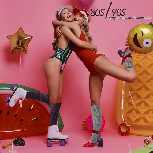 Vista 4 de ONESING 2 pares de calentadores de piernas para mujer, calentadores de piernas de punto acanalado de invierno de los años 80, calentadores