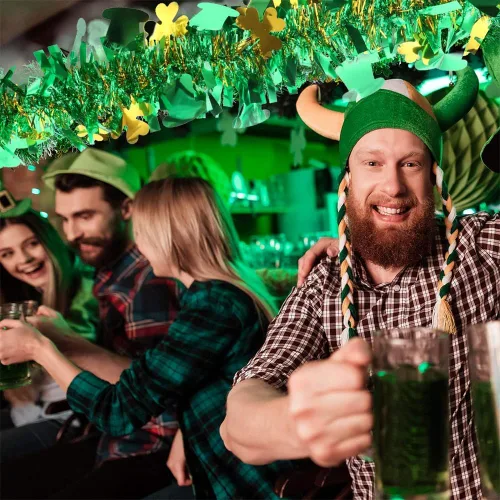 Vista 7 de Guirnalda de oropel del día de San Patricio de 40 pies, guirnalda de oropel metálica con purpurina de trébol verde dorado y verde decoración
