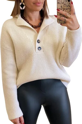 Vista 4 de LILLUSORY Suéteres de cuello en V para mujer 2022 con botones a presión, suéter de punto con cuello plegable, tops Henley