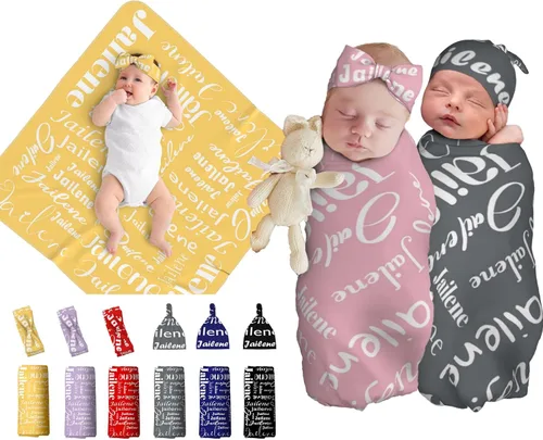 Vista 16 de Juego de manta personalizada para bebé con diadema acogedora y sombrero para niñas y niños recién nacidos, manta personalizada con nombre de bebé