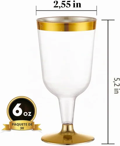 Vista 2 de N9R 30 copas de vino de plástico desechables, copas de borde dorado de 6 onzas con tallo Tazas doradas para tostar, copas de champán, resistentes