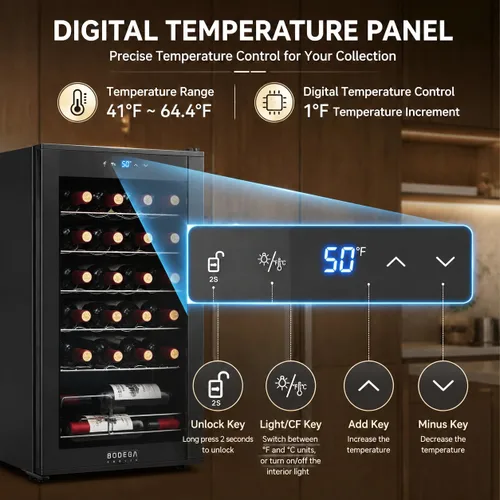 Vista 5 de BODEGA COOLER - Enfriador de vino de 24 botellas para el hogar y la cocina, mini refrigerador para dormitorio, refrigerador de vino con control
