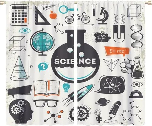 Vista 72 de Cortinas opacas para ventanas de ciencia para niños, lupa de libro de laboratorio de ciencia, lupa, frascos moleculares, cortinas impresas