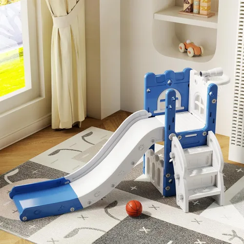 Vista 6 de MOCUTEEN Tobogán 6 en 1 para niños pequeños, juego de bebé para interiores y exteriores con aro de baloncesto, almacenamiento y telescopio, juguetes