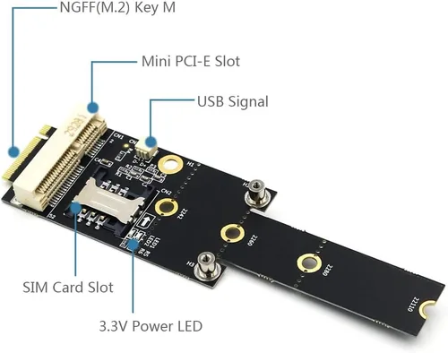Vista 2 de HLT Mini PCI-E a M.2 (NGFF) Key M Adaptador con ranura para tarjeta SIM