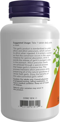 Vista 3 de NOW Suplementos, Ajo 5,000 (Allium sativum), Recubrimiento entérico, Control de Olor, 90 Tabletas