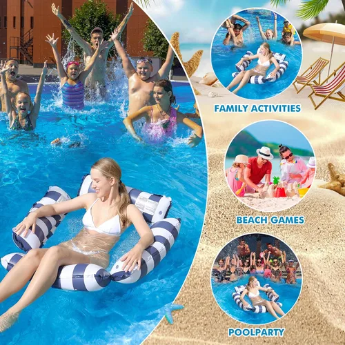 Vista 7 de Flotador inflable para piscina, para adultos y niños, hamaca flotante con patrón de rayas para fiesta en la piscina, diversión acuática de verano