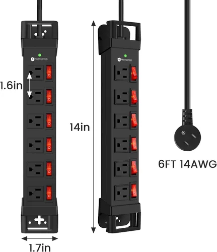 Vista 7 de Regleta de alimentación resistente, regleta de alimentación de metal de 6 salidas con interruptor individual y gestión de cables, protector