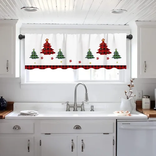 Vista 7 de Cortinas de cenefa de Navidad para ventanas, diseño de árbol de Navidad, color blanco y rojo, elegantes cenefas de cocina para ventanas con 11