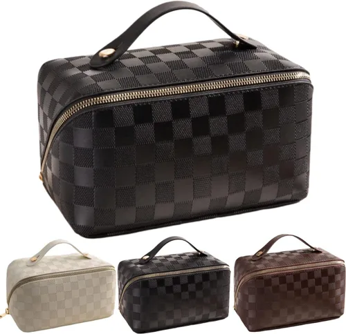 Vista 19 de Bolsas de maquillaje a cuadros de gran capacidad, bolsas de cosméticos portátiles de viaje, bolsa de aseo abierta y plana para mujeres y niñas
