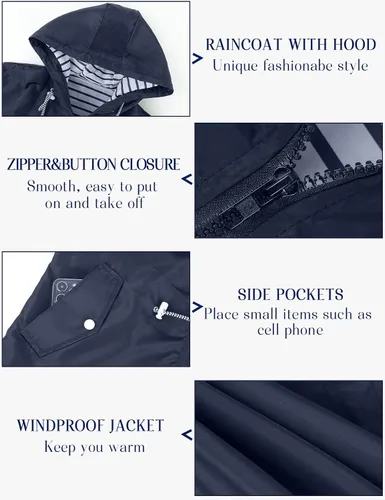 Vista 3 de Yimoon Chubasqueros para mujer, impermeables, largos, con cremallera y capucha, casual, ligero, forrado, con bolsillos, Azul oscuro