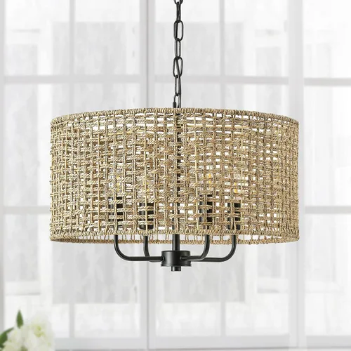 Vista 10 de Lámpara de araña de ratán bohemio de 20 pulgadas para comedor, 5 luces tejidas a mano de ratán natural con cadena ajustable, enchufes E12