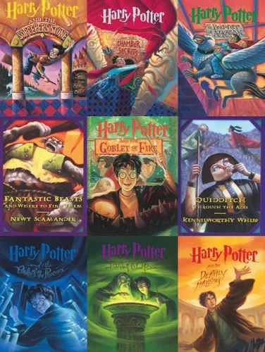 Vista 2 de New York Puzzle Company - Collage de portada de libro de Harry Potter - Rompecabezas de 500 piezas para noches de juego familiares por Mary GrandPré