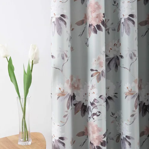 Vista 2 de Leeva - Cortinas de ventana para sala de estar, con estampado floral, cortinas de lino texturizado pesado con aislamiento térmico y oscurecimiento